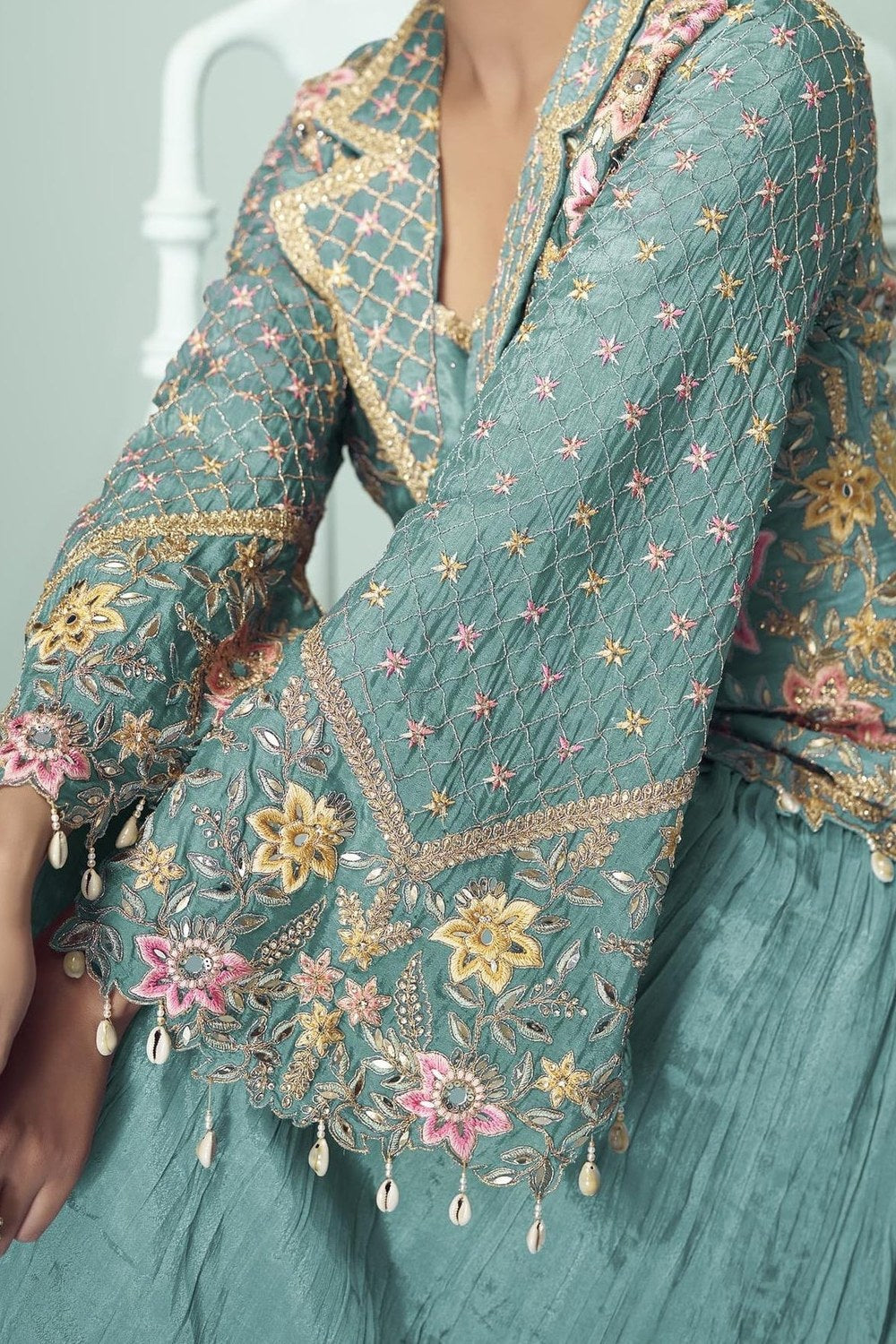 Teal Chinon Silk Kameez With Skirt For Indian & Pakistani Wedding Festival - Thread Embroidery Work, Real Mirror Work, Dori Work - hem and footwear detail