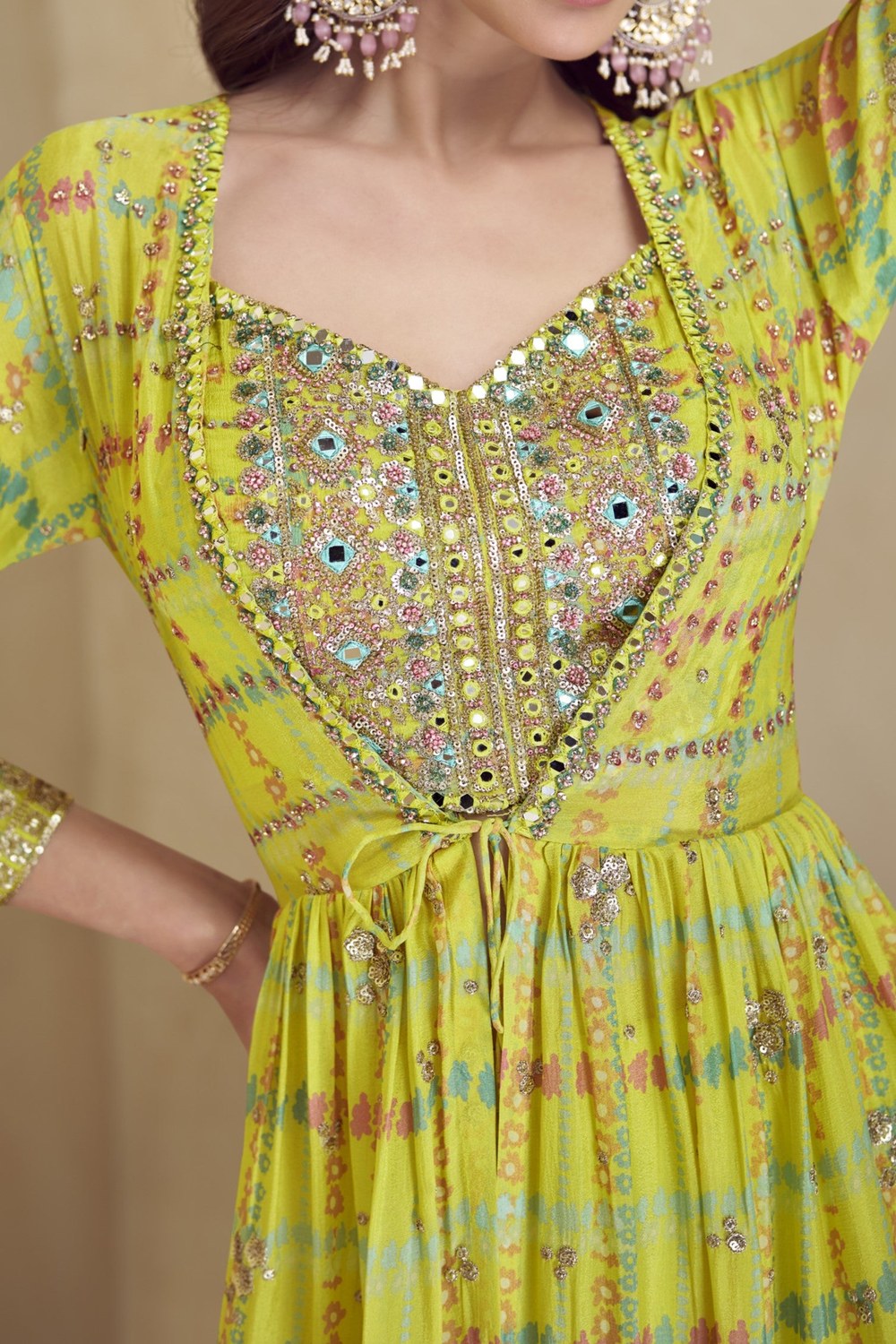 Lime Green Chinon Silk Plazo Choli With Jacket For Indian & Pakistani Wedding Festival - Embroidery Work, Print Work - hem and footwear detail