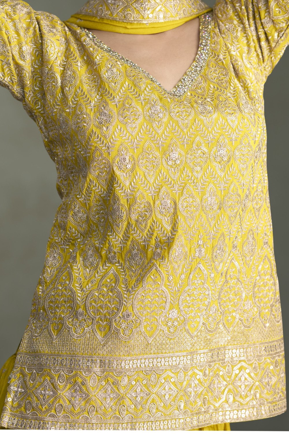 Yellow Plazo Suit Design for Wedding in Simmer Silk with Sequins Embroidery - hem and footwear detail