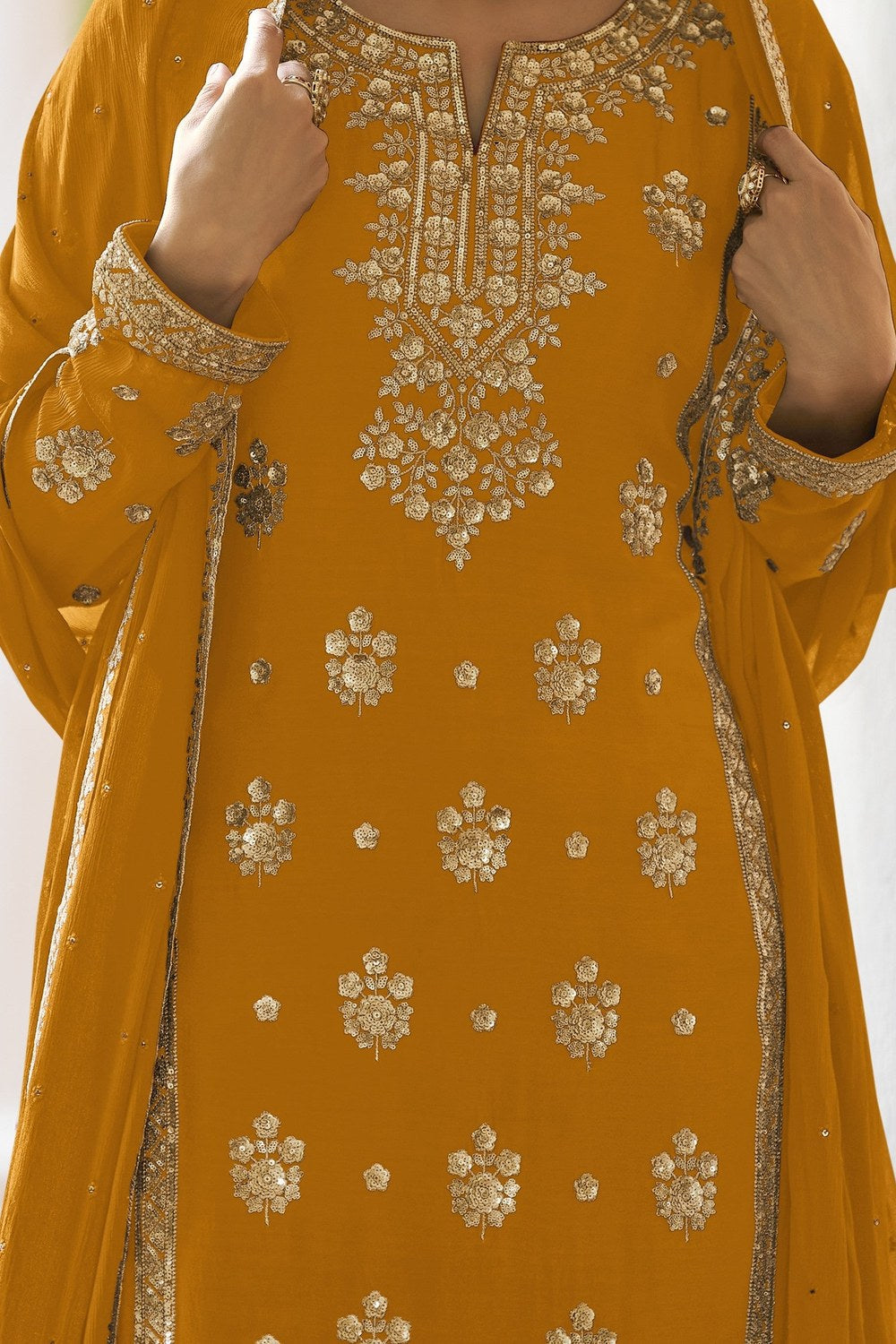 Straight Cut Pakistani Suit in Mustard Chinon Silk with Sequins & Thread Embroidery Work - hem and footwear detail