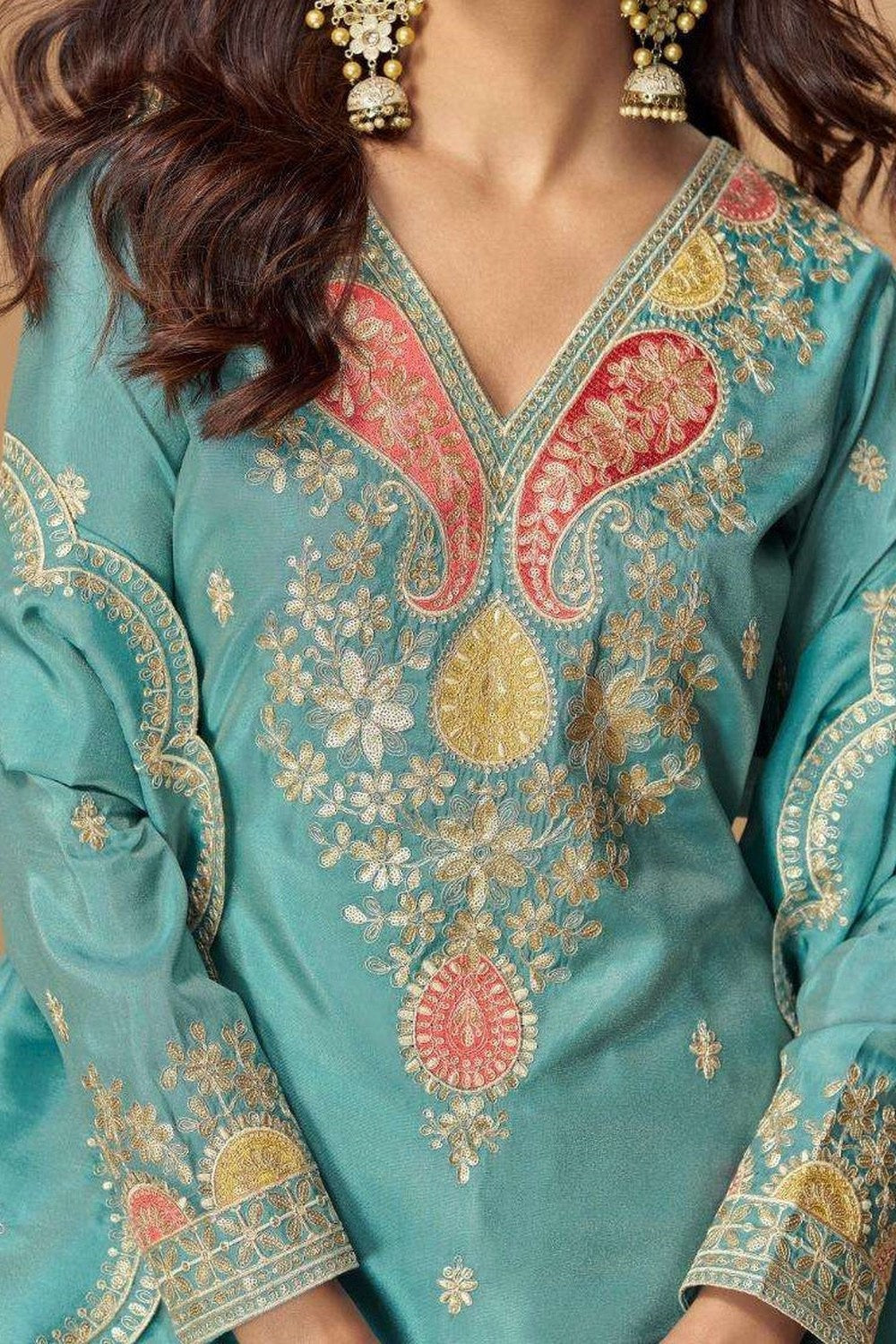 Turquoise Simmer Silk Indian Palazzo Suits Online with Sequin & Thread - hem and footwear detail