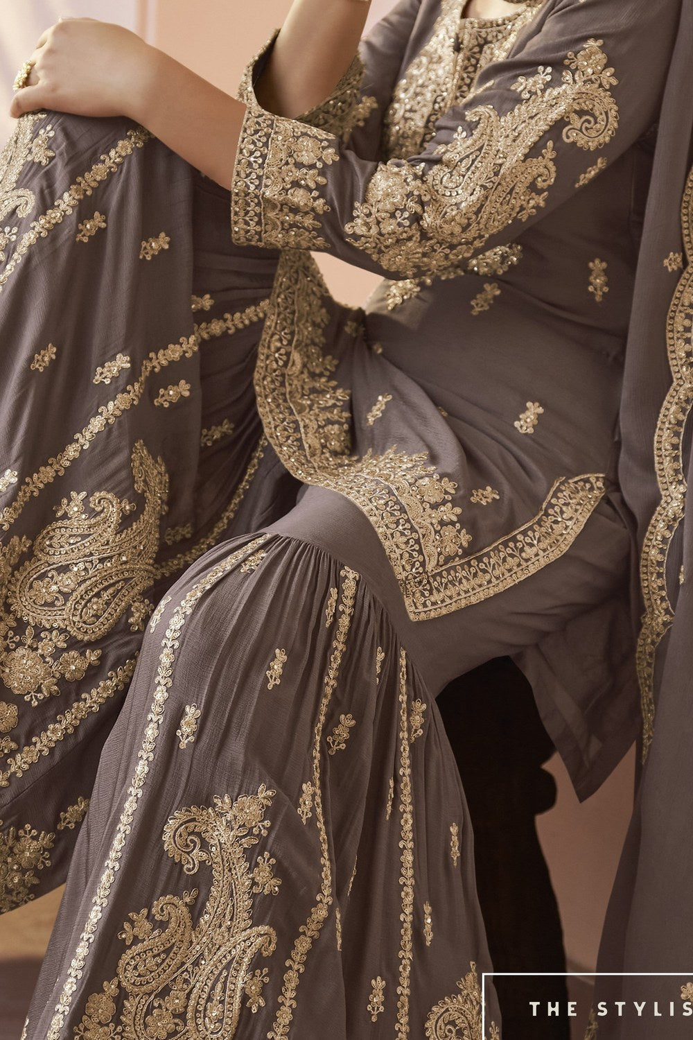 Brown Pakistani Sharara Suits for Wedding with Sequins & Dori Work - hem and footwear detail