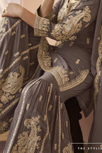 Brown Pakistani Sharara Suits for Wedding with Sequins & Dori Work - hem and footwear detail