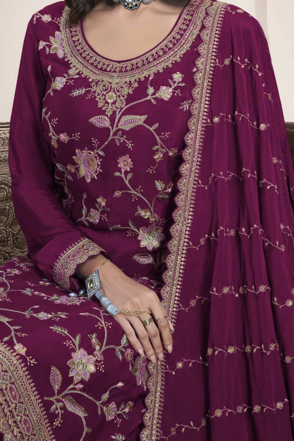 Burgundy Chinon Silk Palazzo Suit For Indian Wedding & Pakistani Festival - Embroidery Work - hem and footwear detail
