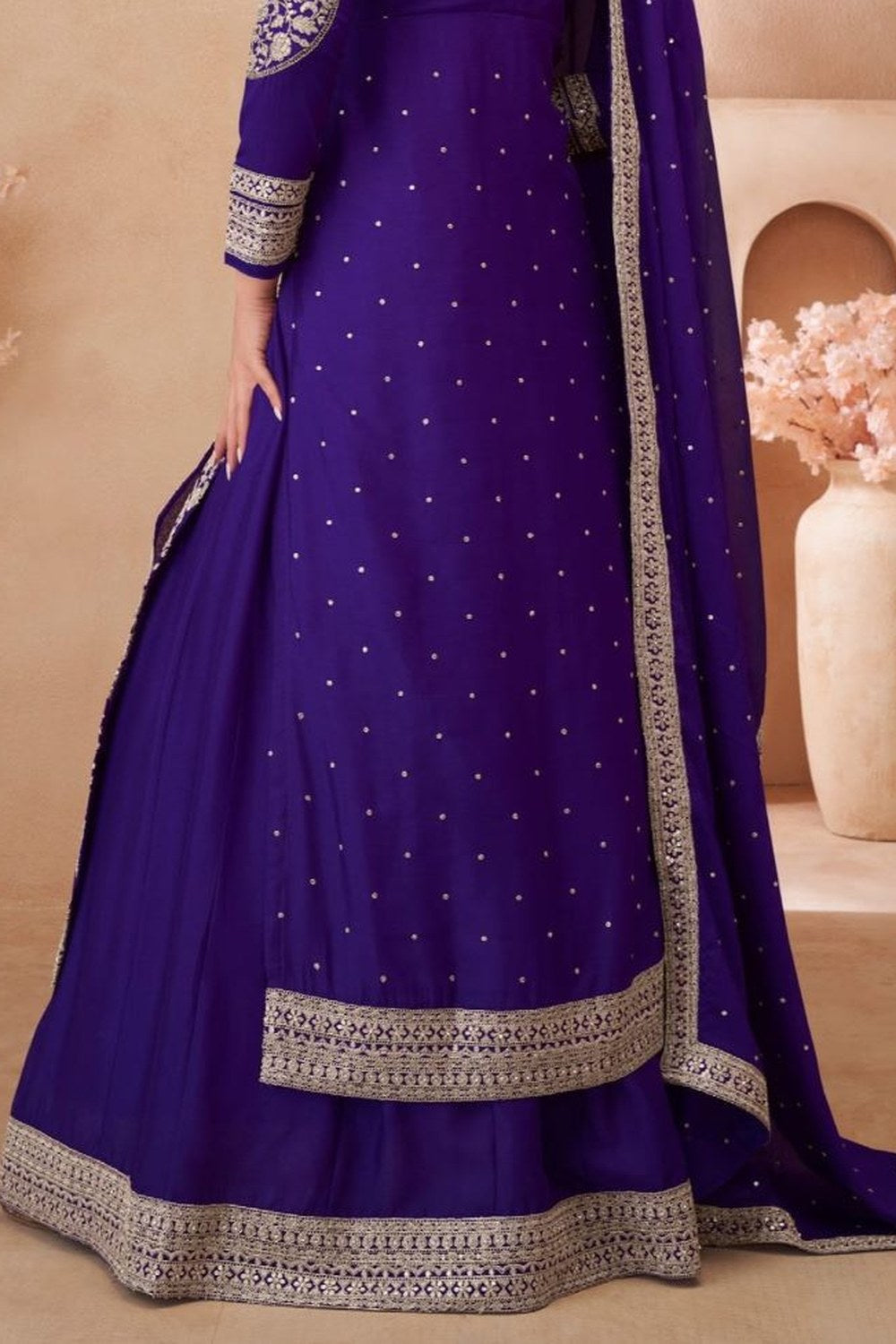 Purple Chinon Silk Kameez With Skirt For Indian & Pakistani Wedding Festival - Embroidery Work - hem and footwear detail