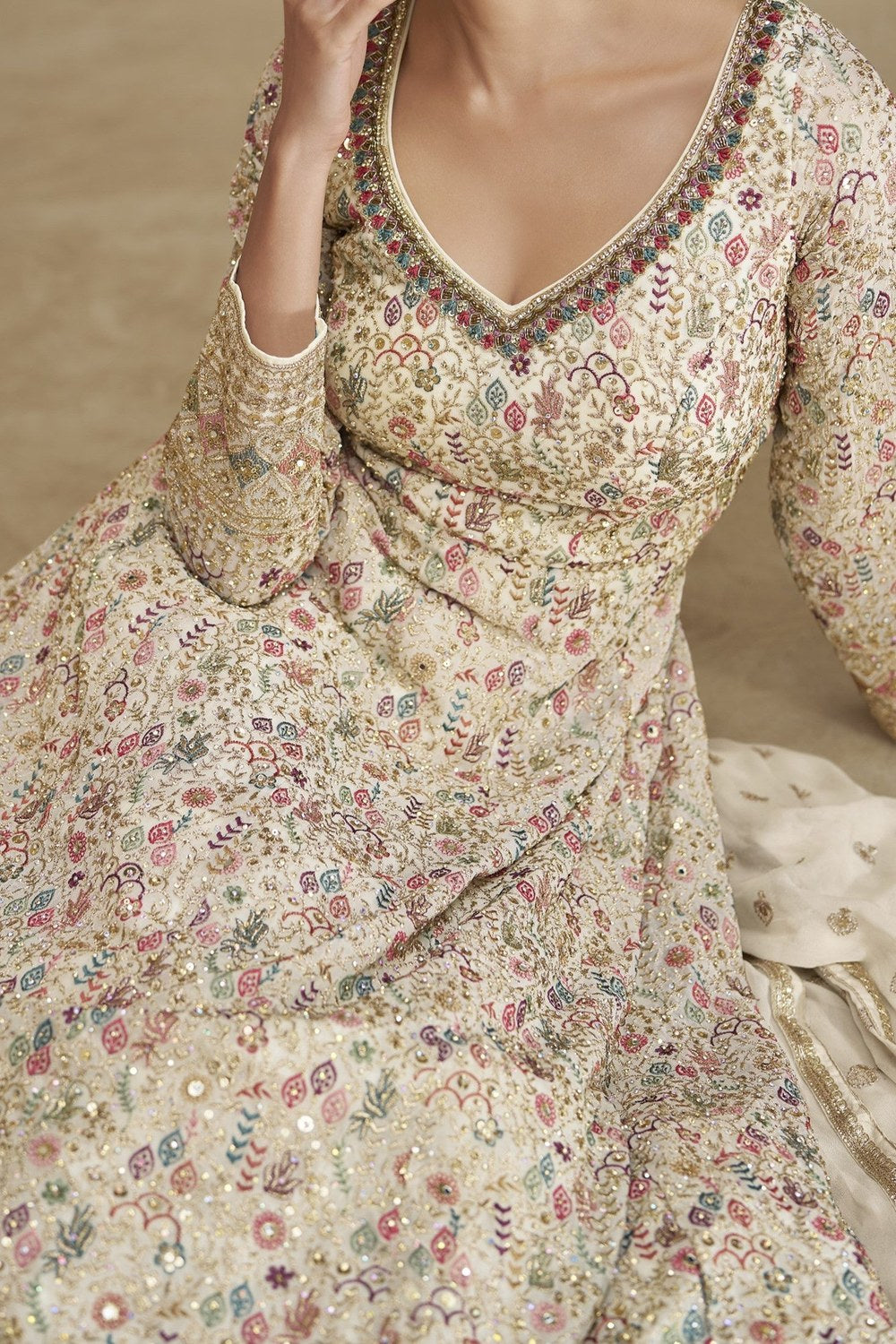 Off White Georgette Festival Anarkali Suit - Embroidery Work - hem and footwear detail