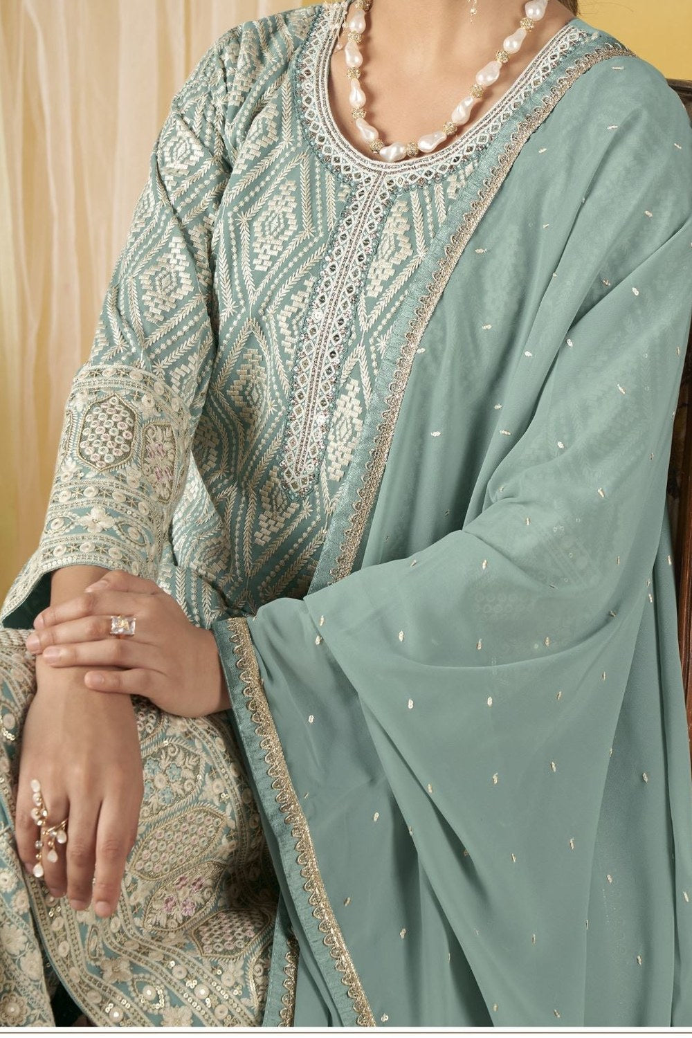 Light Blue Georgette Latest Plazo Design for Wedding - Thread Work - hem and footwear detail