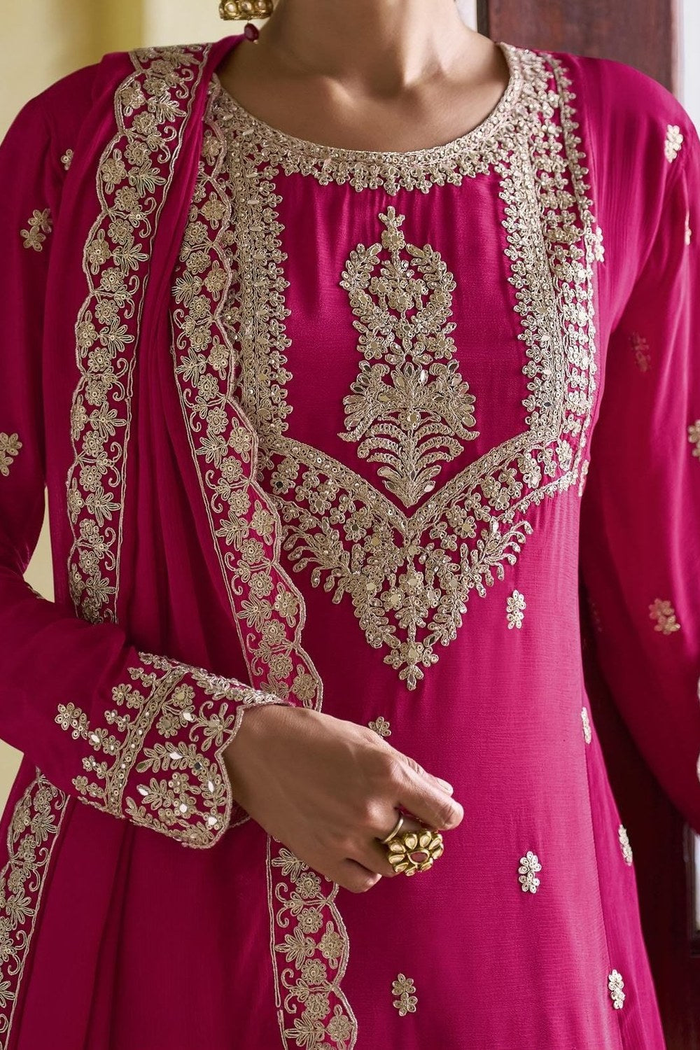 Pink Chinon Silk Kameez With Pant For Indian & Pakistani Wedding Festival - Sequins Embroidery Work, Dori Work - hem and footwear detail