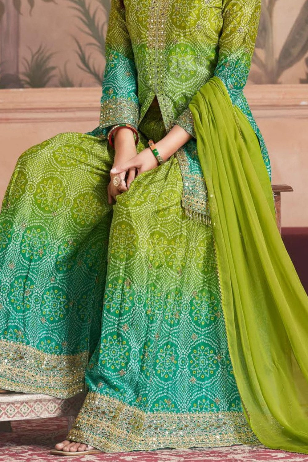 Green Dual Color Chinon Silk Bandhani Style Pattern Palazzo Suit with Chiffon Dupatta For Indian Festivals & Weddings - Sequence Embroidery Work, Mirror Work, Print Work - hem and footwear detail