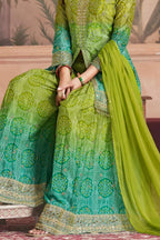 Green Dual Color Chinon Silk Bandhani Style Pattern Palazzo Suit with Chiffon Dupatta For Indian Festivals & Weddings - Sequence Embroidery Work, Mirror Work, Print Work - hem and footwear detail