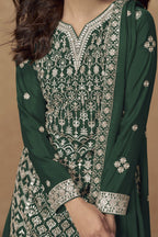 Green Chinon Silk Kameez With Plazzo Suit For Indian & Pakistani Wedding Festival - Thread & Sequence Embroidery - hem and footwear detail