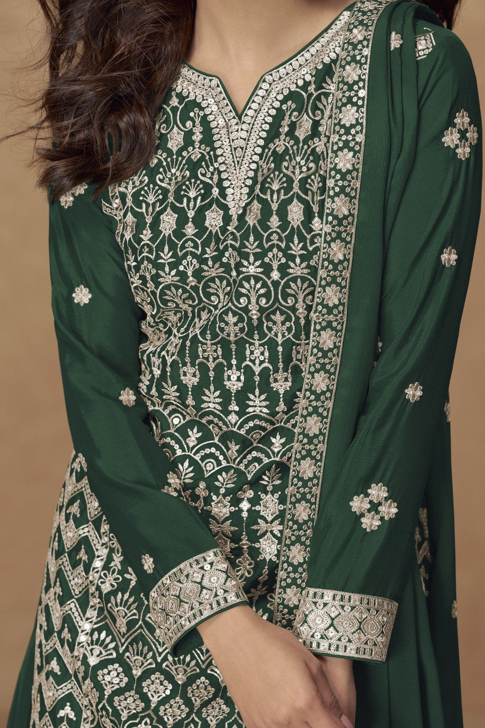 Green Chinon Silk Kameez With Plazzo Suit For Indian & Pakistani Wedding Festival - Thread & Sequence Embroidery - hem and footwear detail