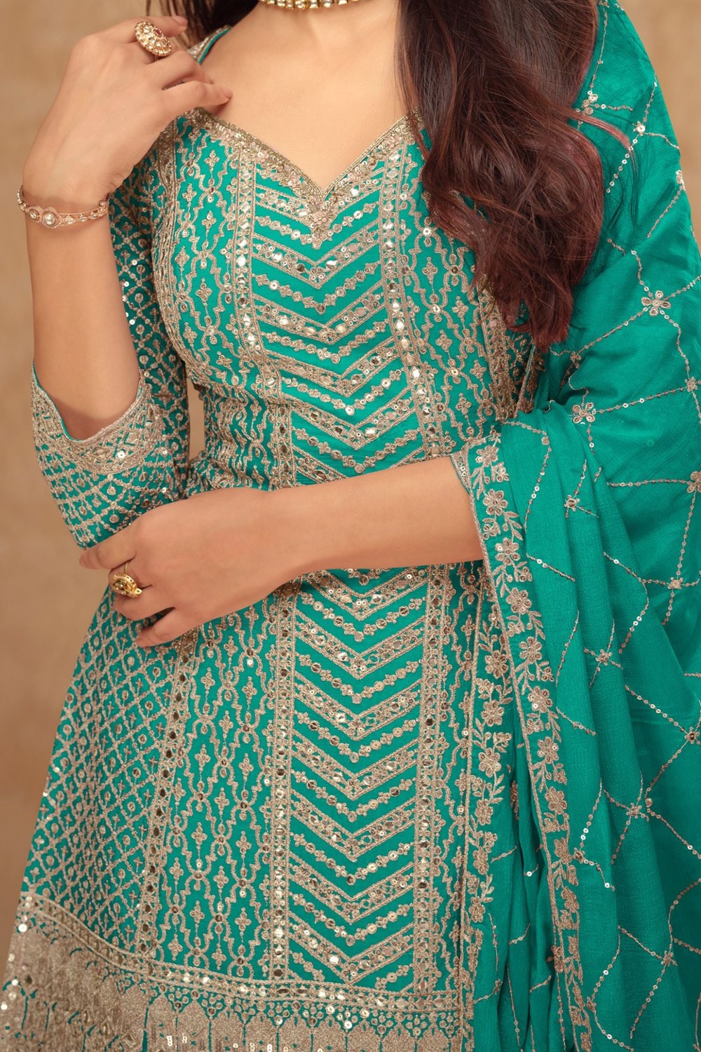 Teal Chinon Silk Plazo Suit For Indian Weddings & Pakitani Festival - Embroidery Work - hem and footwear detail