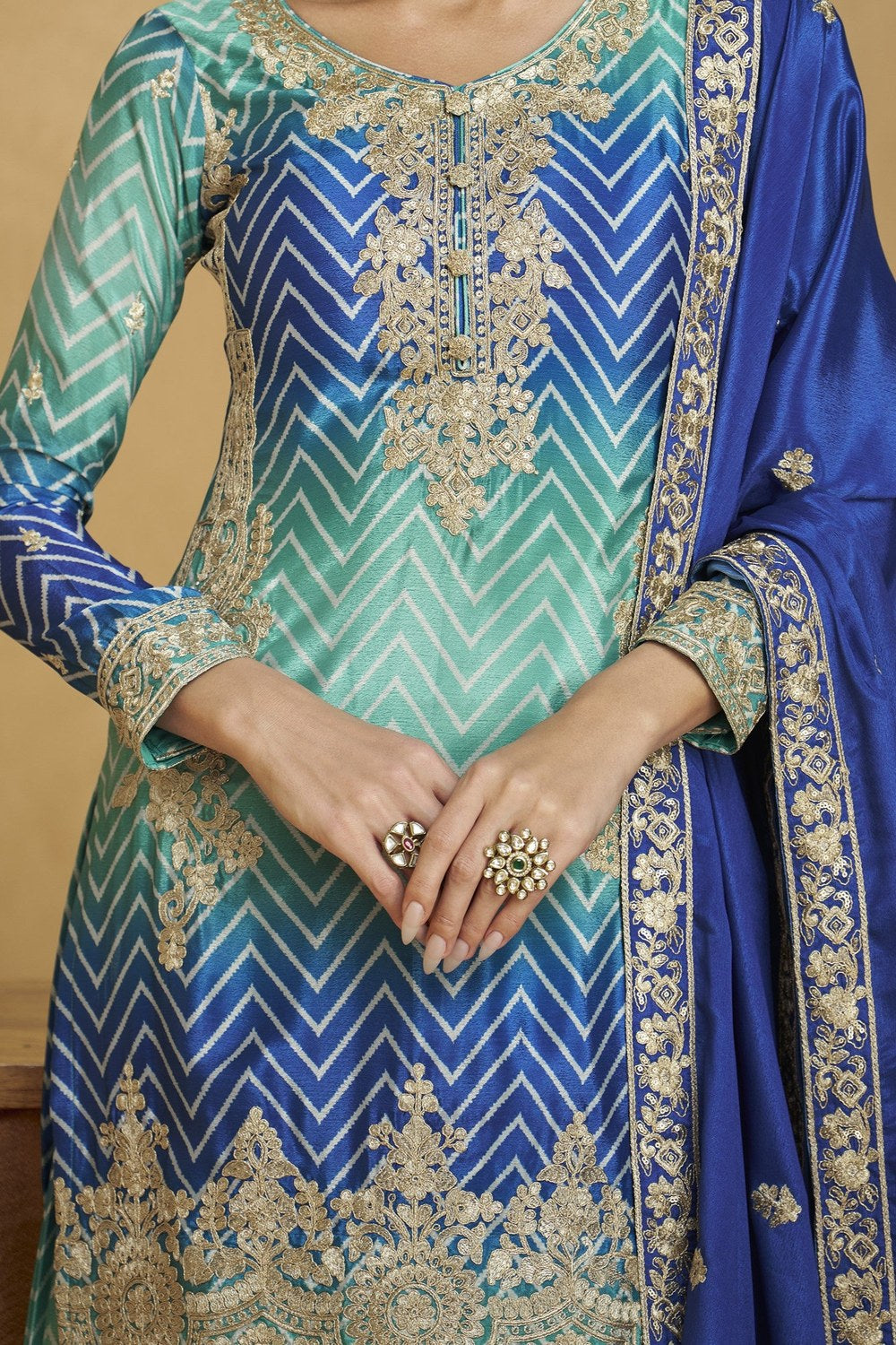 Blue Chinon Silk Dual Color Palazzo Suit For Indian Wedding & Pakistani Festival - Embroidery Work - hem and footwear detail
