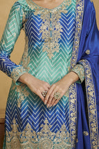 Blue Chinon Silk Dual Color Palazzo Suit For Indian Wedding & Pakistani Festival - Embroidery Work - hem and footwear detail