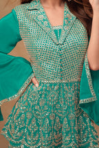 Turquoise Chinon Silk Plazo Suit For Indian Weddings & Pakitani Festivals - Embroidery Work - hem and footwear detail