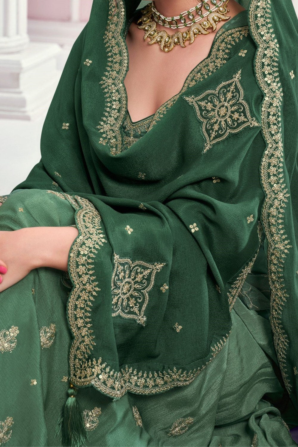 Green Chinon Silk Mehndi Plazo Suit Attires Of India - Thread & Sequence Embroidery Work - hem and footwear detail