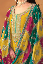 Yellow Chinon Silk Kameez Pant Suit For Indian Festivals & Weddings - Thread Embroidery Work, Sequence Embroidery Work - hem and footwear detail