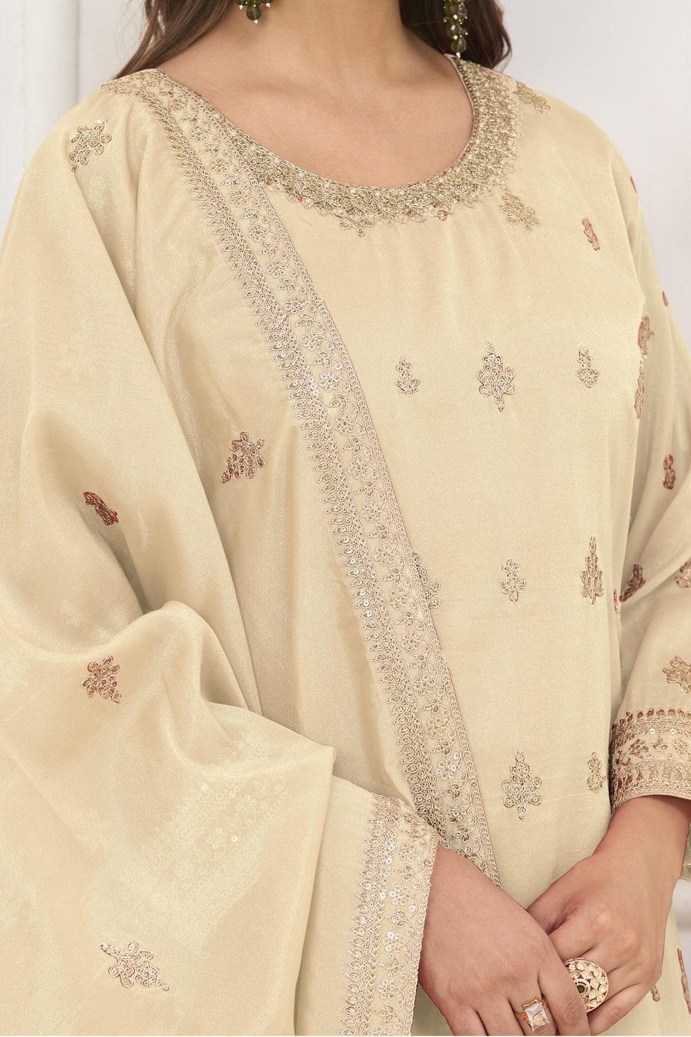 Cream Indian Wedding Wear Palazzo Suit in Simmer Silk & Embroidery Work - hem and footwear detail
