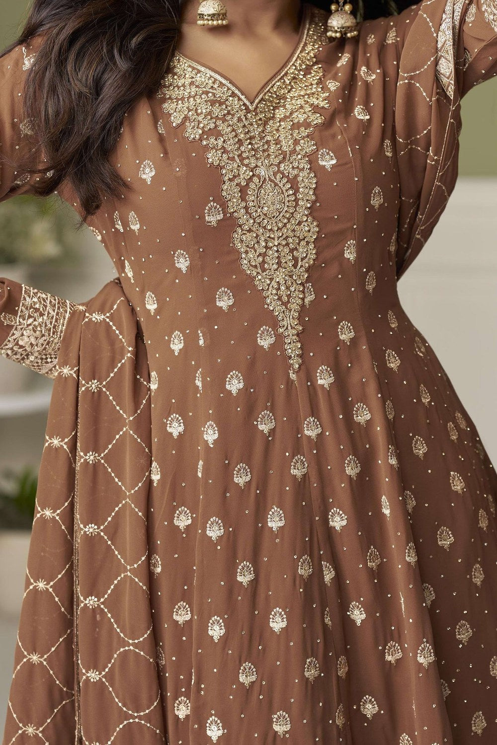 Brown Georgette Kameez With Palazzo For Indian & Pakistani Wedding Festival - Thread & Sequins Embroidery Work, Swarovski Work - hem and footwear detail