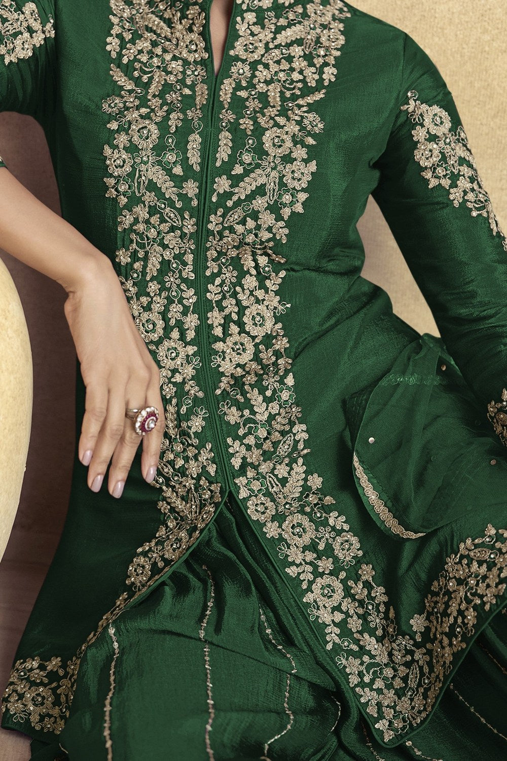 Dark Green Chinon Silk Plazo Suit For Indian Weddings & Pakistani Festival - Embroidery Work - hem and footwear detail