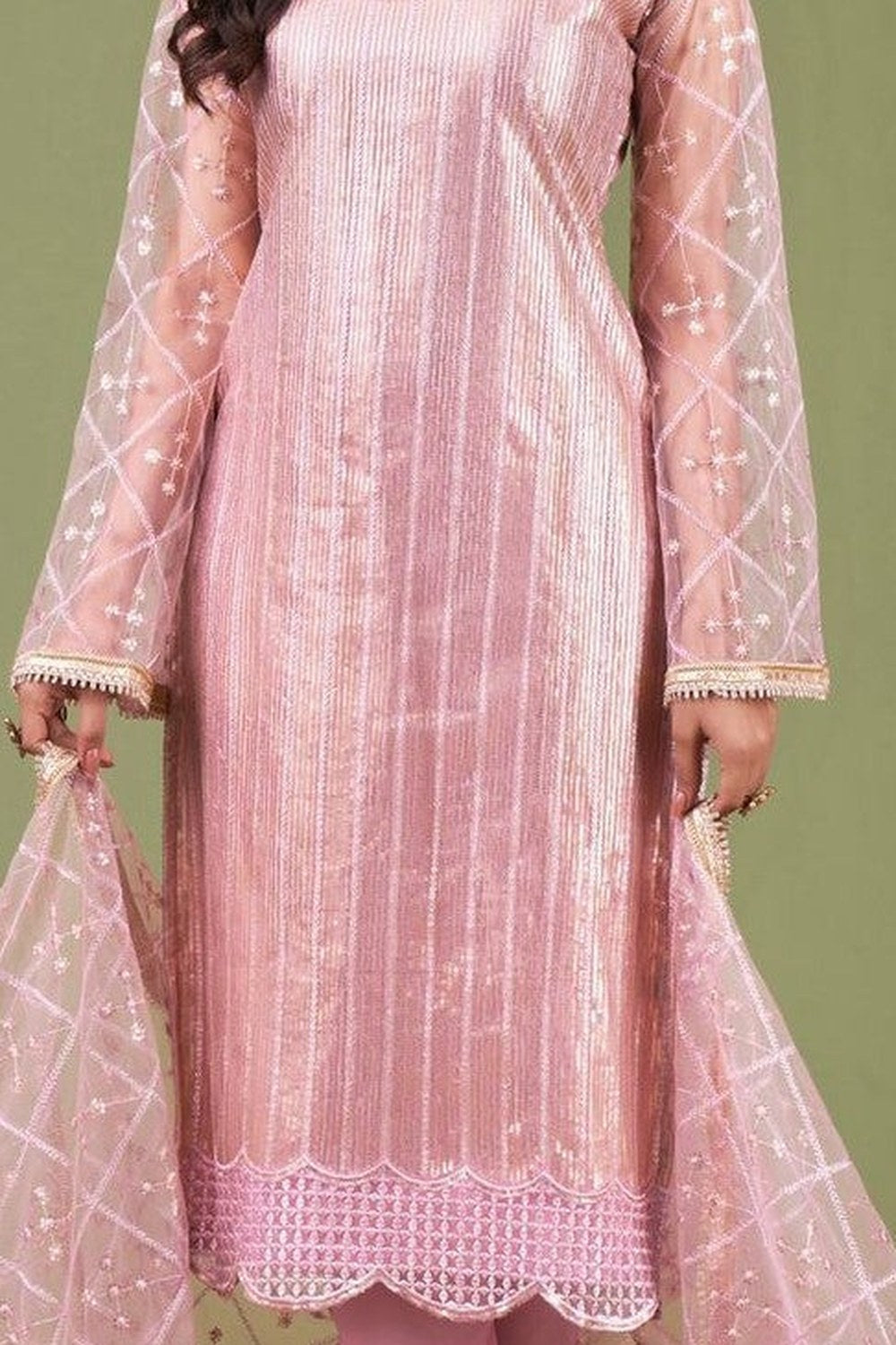 Baby Pink Net Kameez with Pant Indian Attire for Women with Zari Work - hem and footwear detail