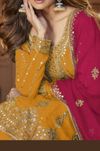 Dark Yellow Georgette Kameez with Skirt Suit For Indian Wedding & Festival - Sequence Embroidery Work - hem and footwear detail