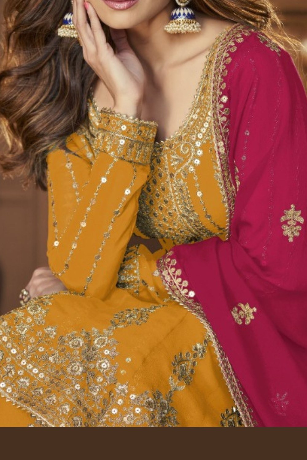 Dark Yellow Georgette Kameez with Skirt Suit For Indian Wedding & Festival - Sequence Embroidery Work - hem and footwear detail