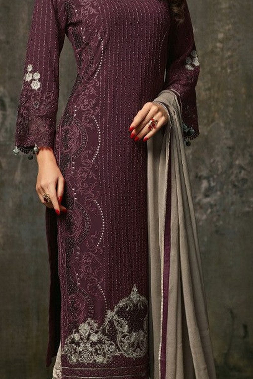 Purple Brown Georgette Kameez With Pant For Wedding & Festival - Embroidery Work 1600 RTS - detail view