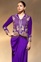 Purple Crepe Collar Kameez With Cowl Draped Skirt For Indian & Pakistani Wedding Festival - Bead Work, Dori Work - close-up view