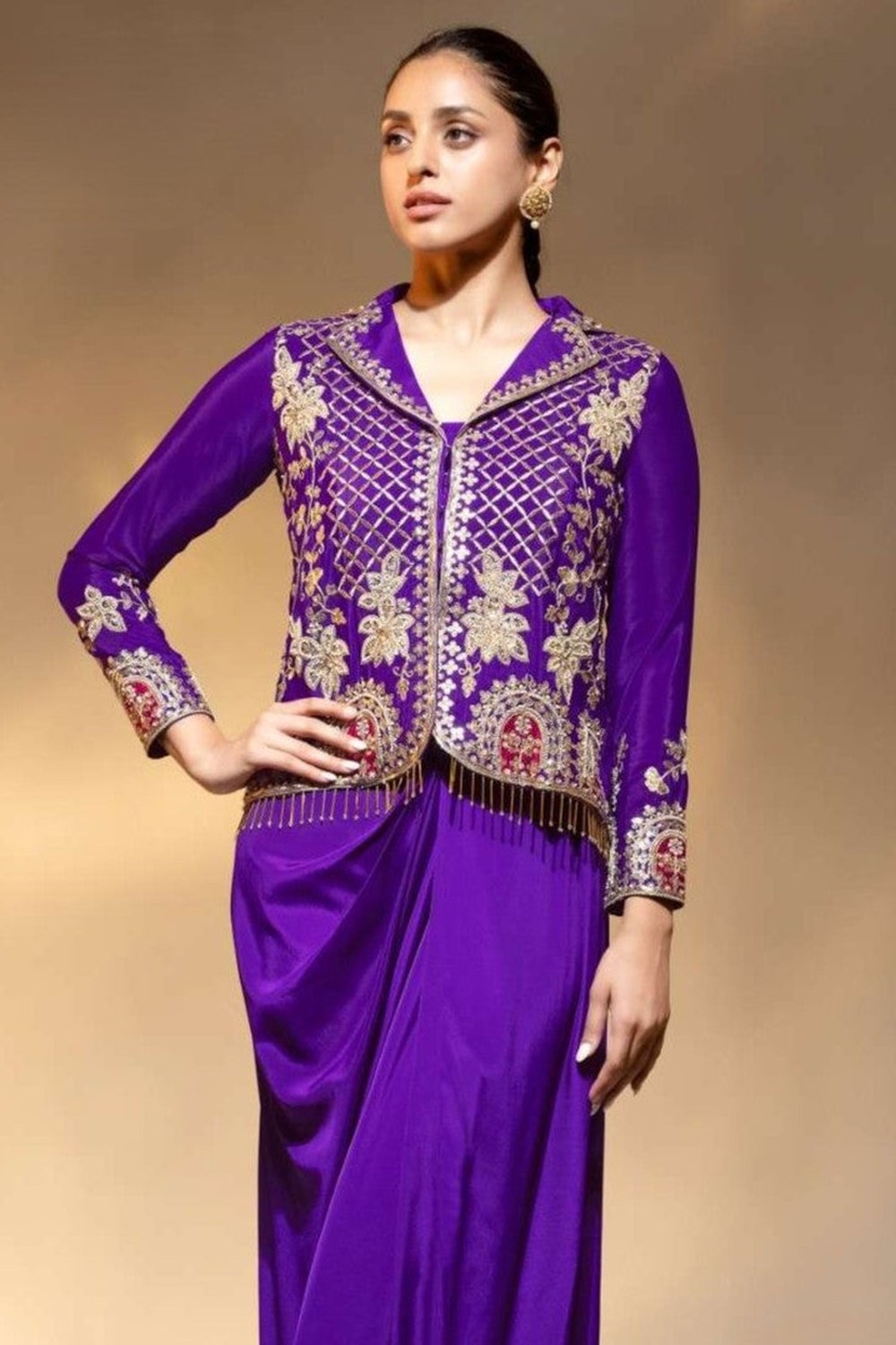 Purple Crepe Collar Kameez With Cowl Draped Skirt For Indian & Pakistani Wedding Festival - Bead Work, Dori Work - close-up view