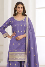 Purple Embroidered Indian Suit in Simmer Silk Palazzo - close-up view