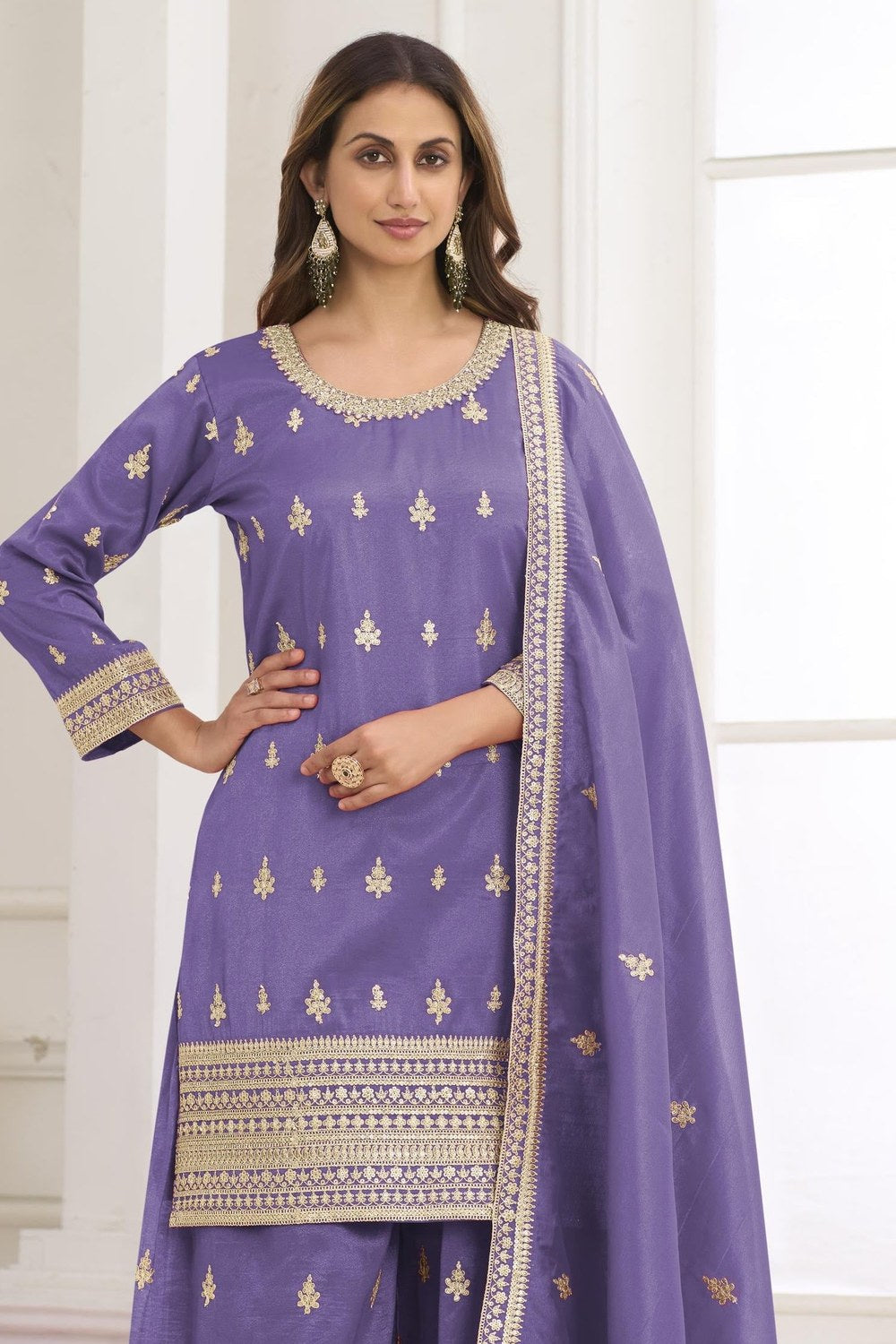 Purple Embroidered Indian Suit in Simmer Silk Palazzo - close-up view