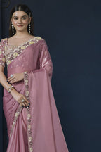 Pink Crepe Satin Silk Saree With Stitched Blouse For Indian & Pakistani Wedding Festival - Sequence Embroidery Work, Moti Work - close-up view