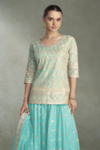 Turquoise Simmer Silk Plazo Suit Design for Wedding with Sequins Work - close-up view