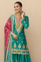 Teal Chinon Silk Plazo Suit For Indian & Pakistani Wedding Festival - Sequins & Thread Embroidery Work, Print Work - close-up view