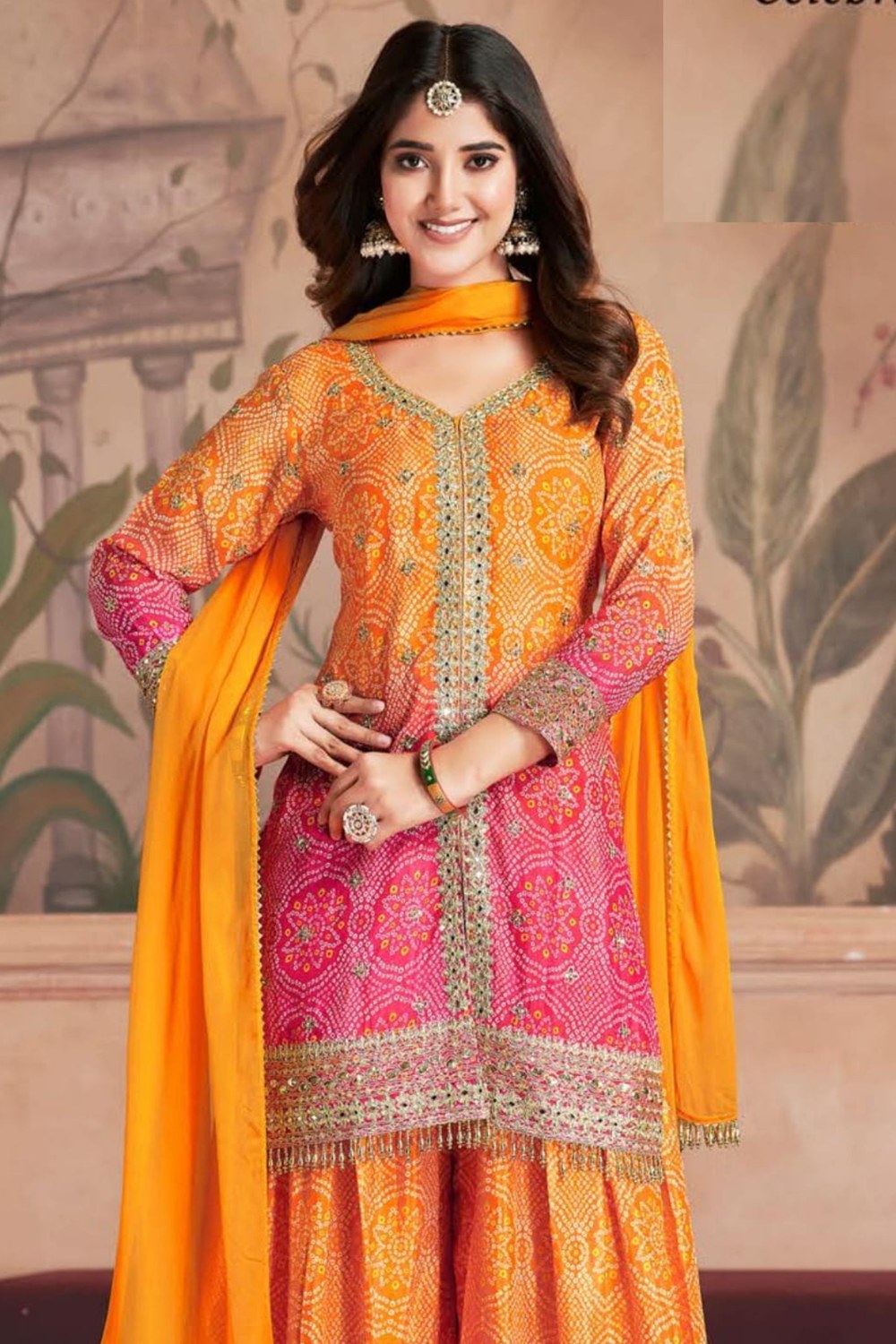 Orange Dual Color Chinon Silk Bandhani Style Pattern Palazzo Suit with Chiffon Dupatta For Indian Festivals & Weddings - Sequence Embroidery Work, Mirror Work, Print Work - close-up view