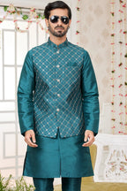 Teal Art Silk Kurta Pajama with Waistcoat Jacket for Men for Festivals & Wedding - Embroidery Work - close-up view