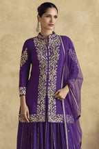 Dark Purple Chinon Silk Plazo Suit For Indian Weddings & Pakistani Festival - Embroidery Work - close-up view