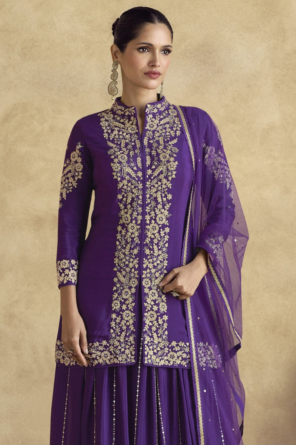 Dark Purple Chinon Silk Plazo Suit For Indian Weddings & Pakistani Festival - Embroidery Work - close-up view