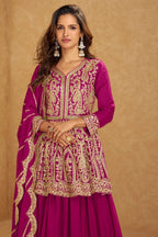 Magenta Chinon Silk Kameez With Skirt For Indian & Pakistani Wedding Festival - Embroidery Work, Real Mirror Work - close-up view