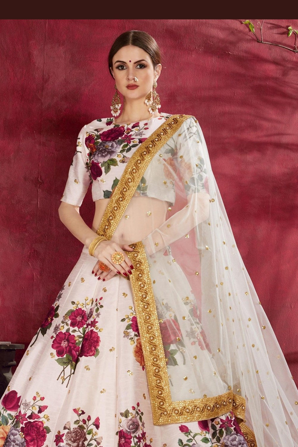 Off White Banglori Silk Flower Lehenga Choli For Indian & Pakistani Wedding Festival - Sequins Embroidery Work, Dori Work, Zari Work, Print Work - close-up view