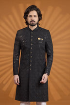 Black Georgette Mens Indian Wedding Attire - Kurta Pajama with Embroidery - close-up view