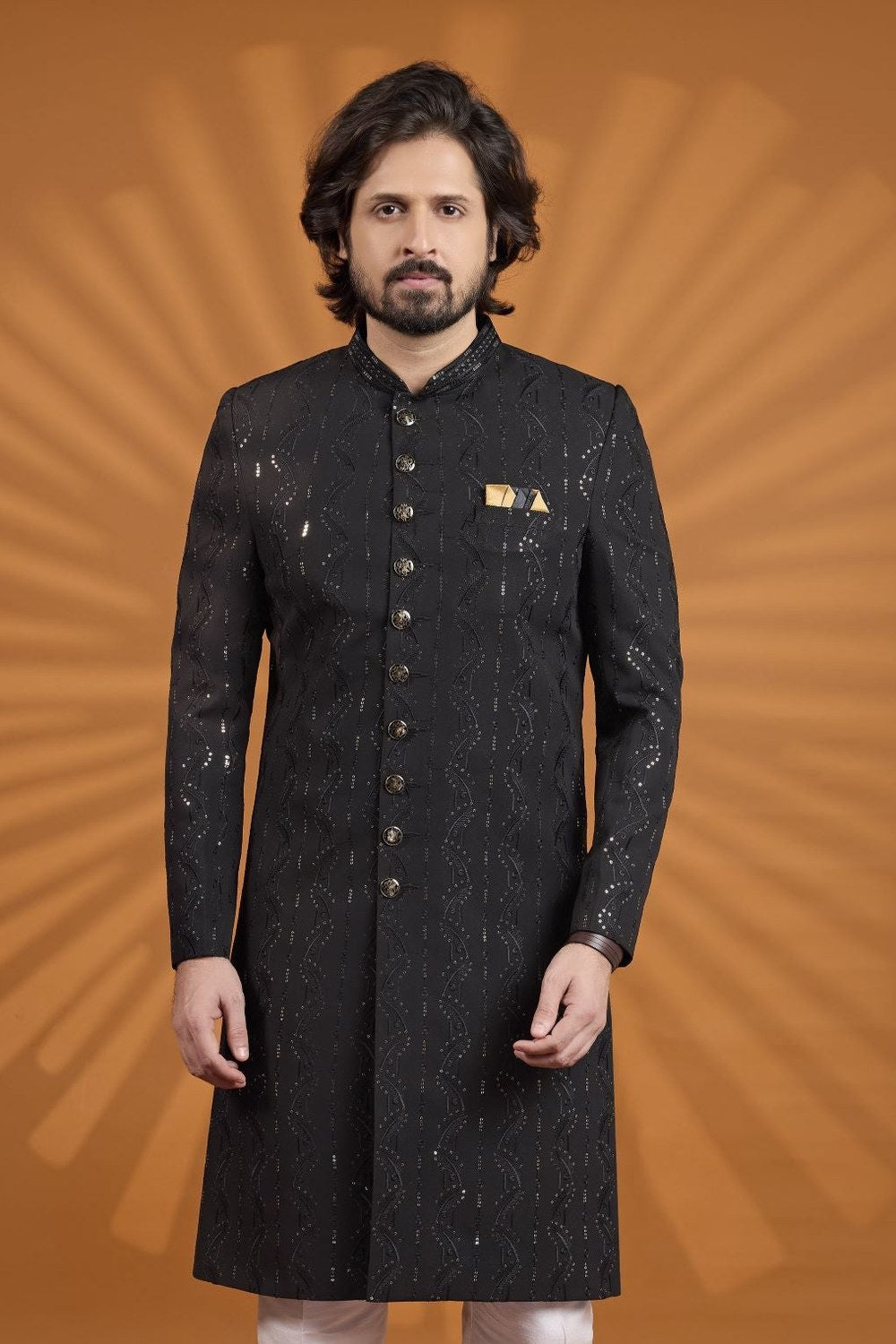Black Georgette Mens Indian Wedding Attire - Kurta Pajama with Embroidery - close-up view