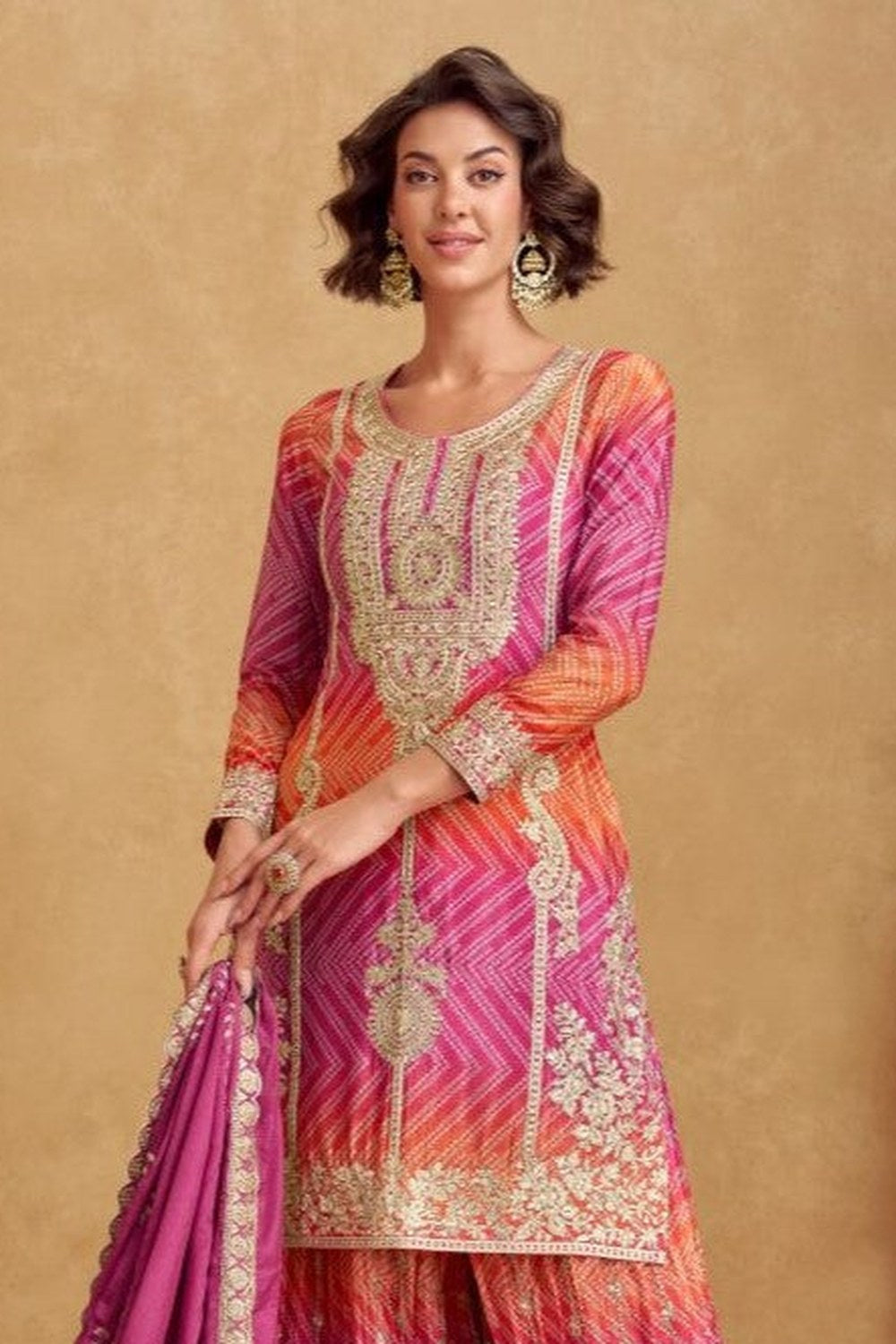 Pink Chinon Silk Bandhani Palazzo Suits with Bandhni Print & Embroidery Work - close-up view