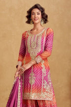 Pink Chinon Silk Bandhani Palazzo Suits with Bandhni Print & Embroidery Work - close-up view