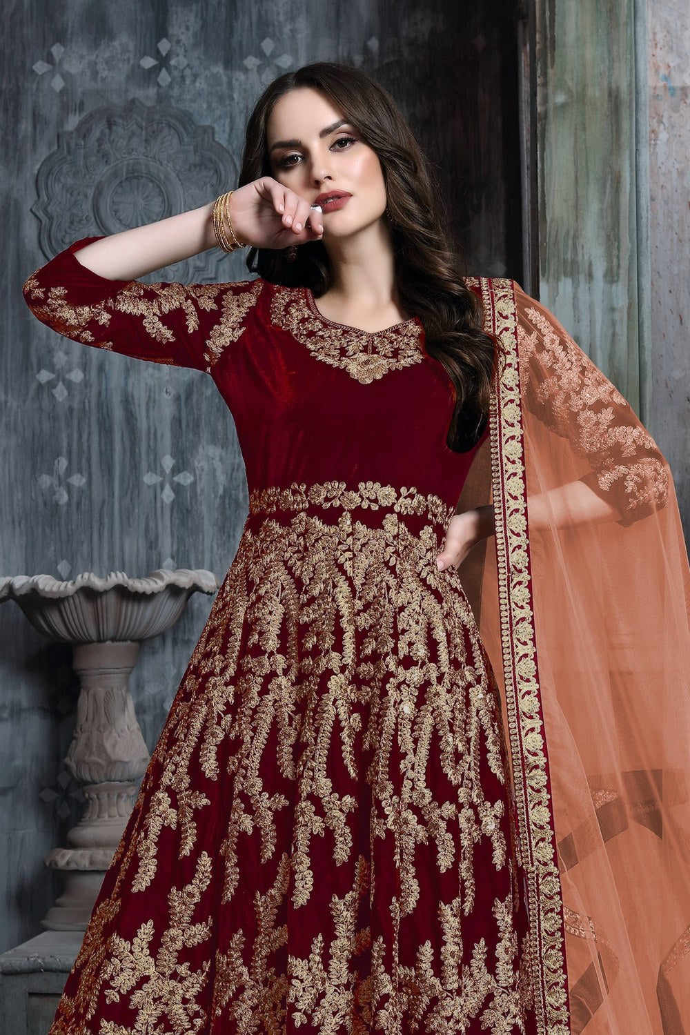 Maroon Velvet Suit Women Anarkali with Embroidery Work - close-up view