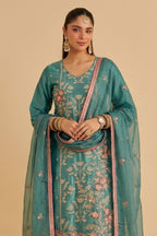 Teal Shimmer Silk Women's Straight Pant Suit with Embroidery Work - close-up view