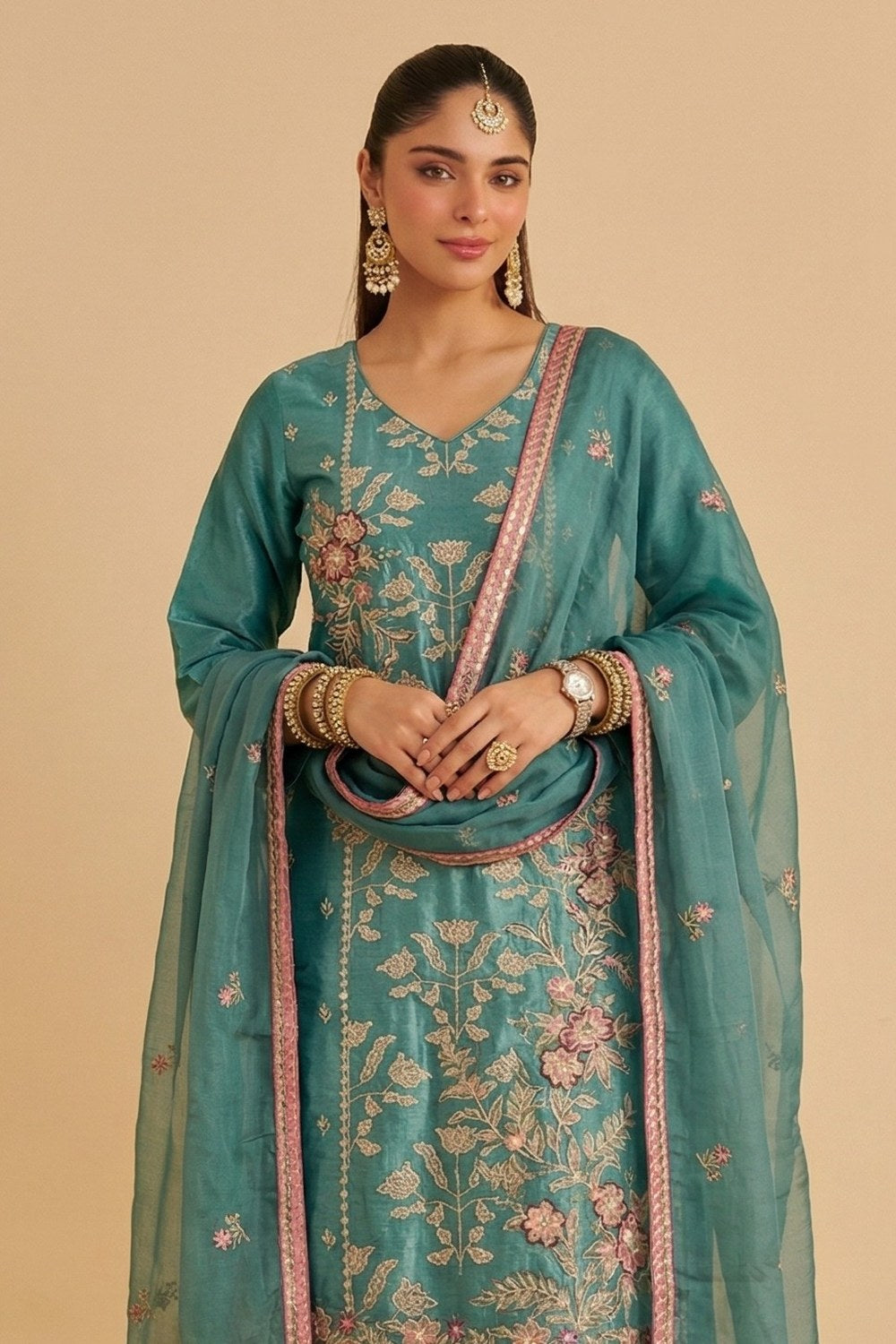 Teal Shimmer Silk Women's Straight Pant Suit with Embroidery Work - close-up view