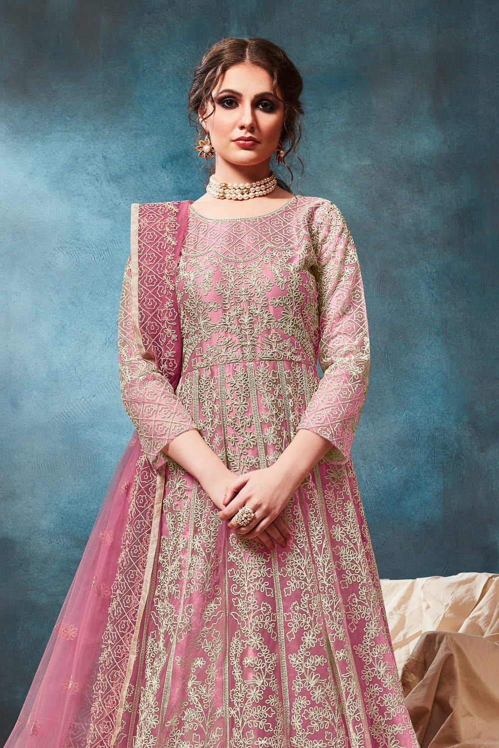Pink Net Dori Embroidery Anarkali from our Indian Dresses for Women Collection - close-up view